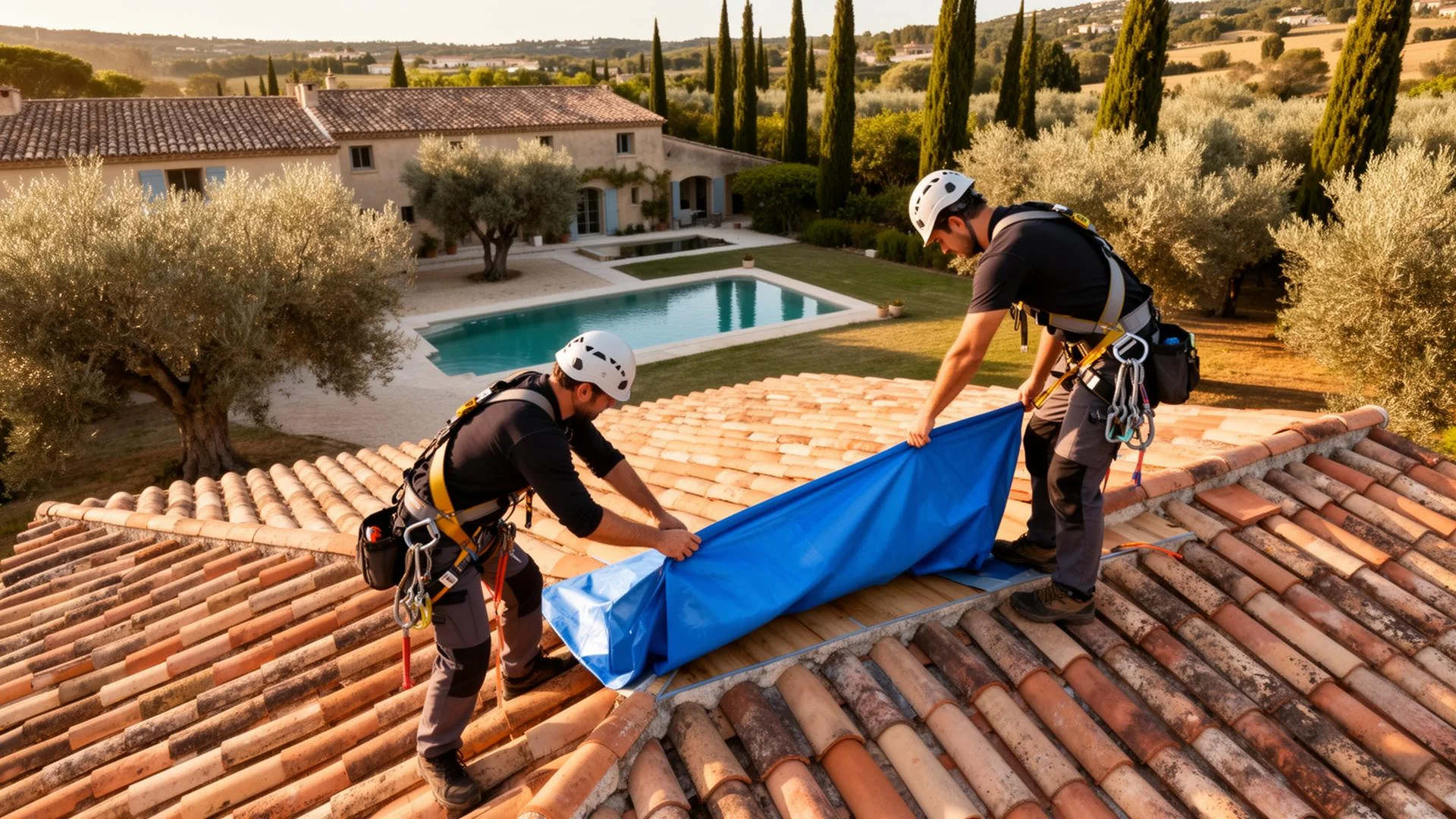 Bâchage en équipe · mas provençal